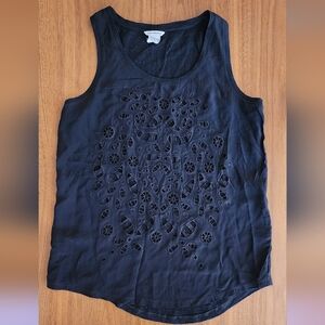 Club Manaco Womens Tank Top Size Small Black Silk Linen Embroidered